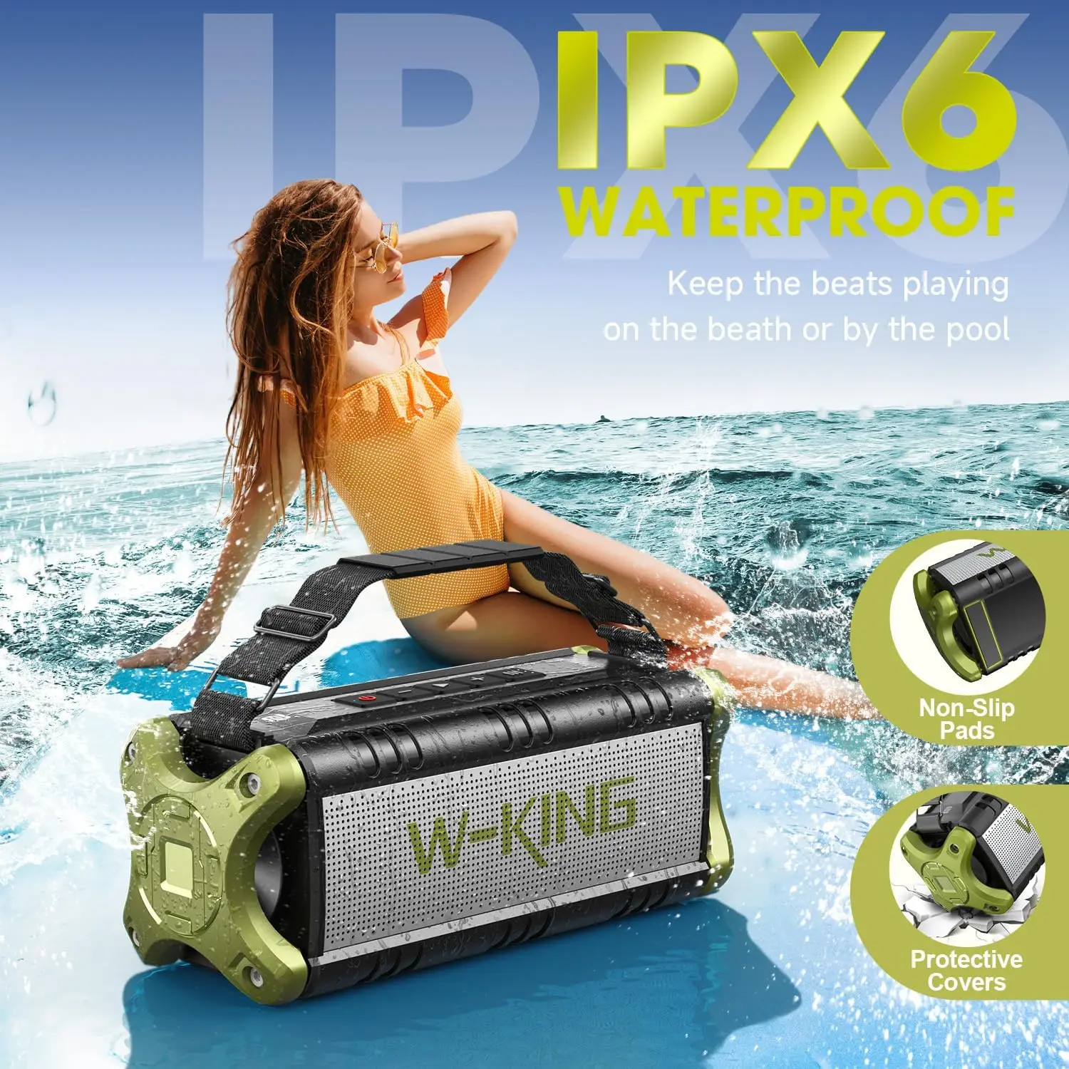 W-KING 50W RMS Bluetooth-luidspreker, draagbare luidsprekers Bluetooth draadloos luid, IPX6 waterdichte grote buitenluidspreker