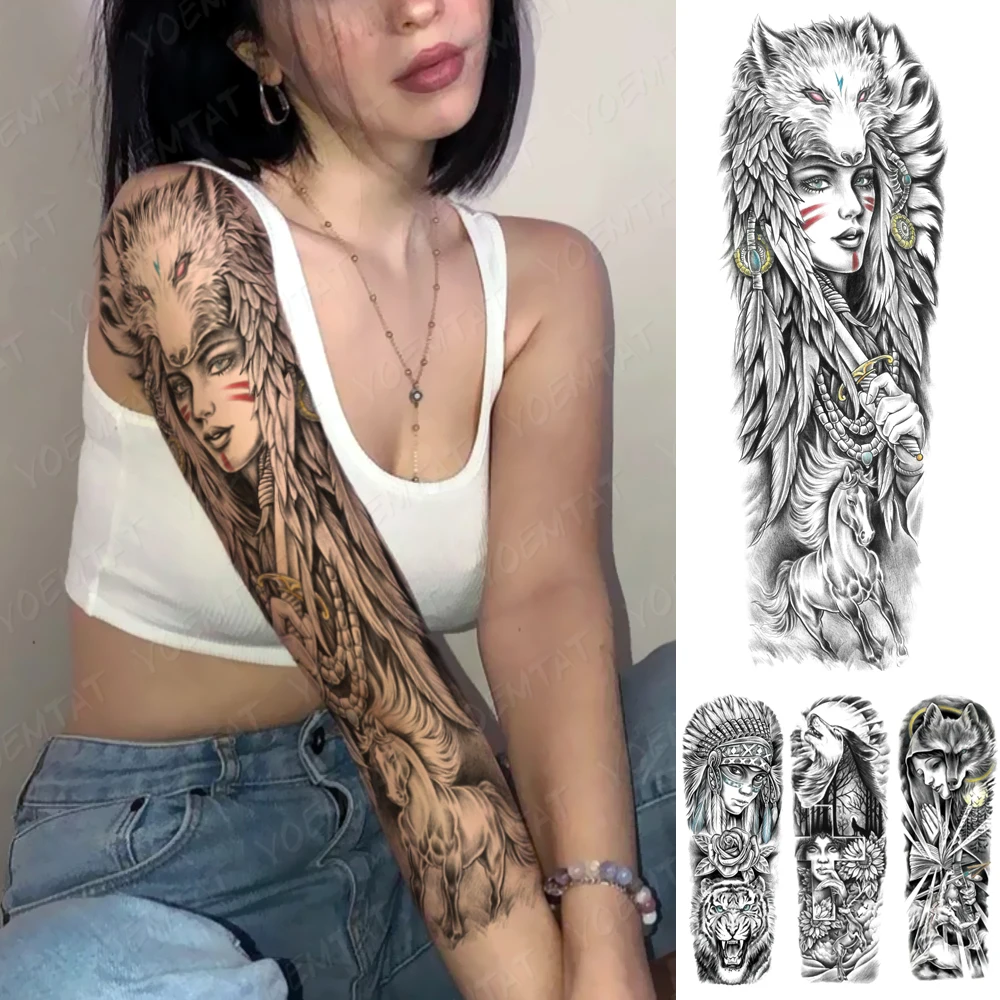 

Large Full Arm Sleeve Waterproof Temporary Tattoo Sticker Snow Fox Indian Tribe Warrior Horse Men Women Body Art Fake Tattoos