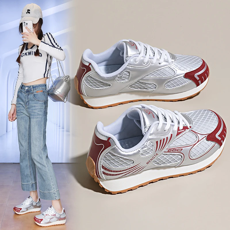 

Women's Silver Red Chunky Platform Lace Up Sneakers Skin Friendly Textured Mesh Upper Round Toe Elegant Casual Shoes
