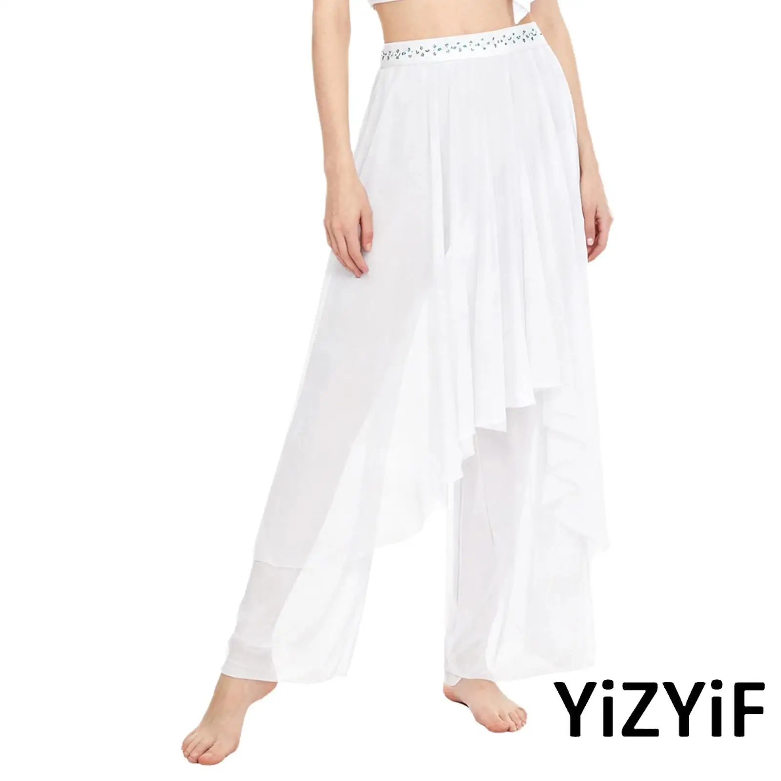

Womens Church Modern Dance Bottom Mesh Pants Shiny Waistband Loose Leg Irregular Overlay Pants for Lyrical Contemporary Dance
