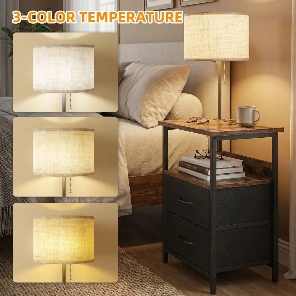 2 Fabric Drawers LED Nightstand With Light Charging Station, Fabric Drawer Bedside Table For Bedroom Dorm, Bedroom Furniture