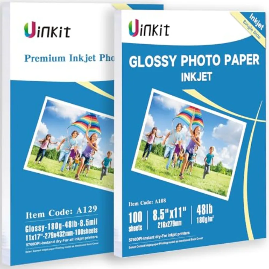 

100 листов глянцевой фотобумаги для струйной печати 8,5x11 дюймов, 48 фунтов, для чернил Dye Ink, 180 г/м² и 100 листов глянцевой фотобумаги для струйной печати 11x17 дюймов, 48 фунтов