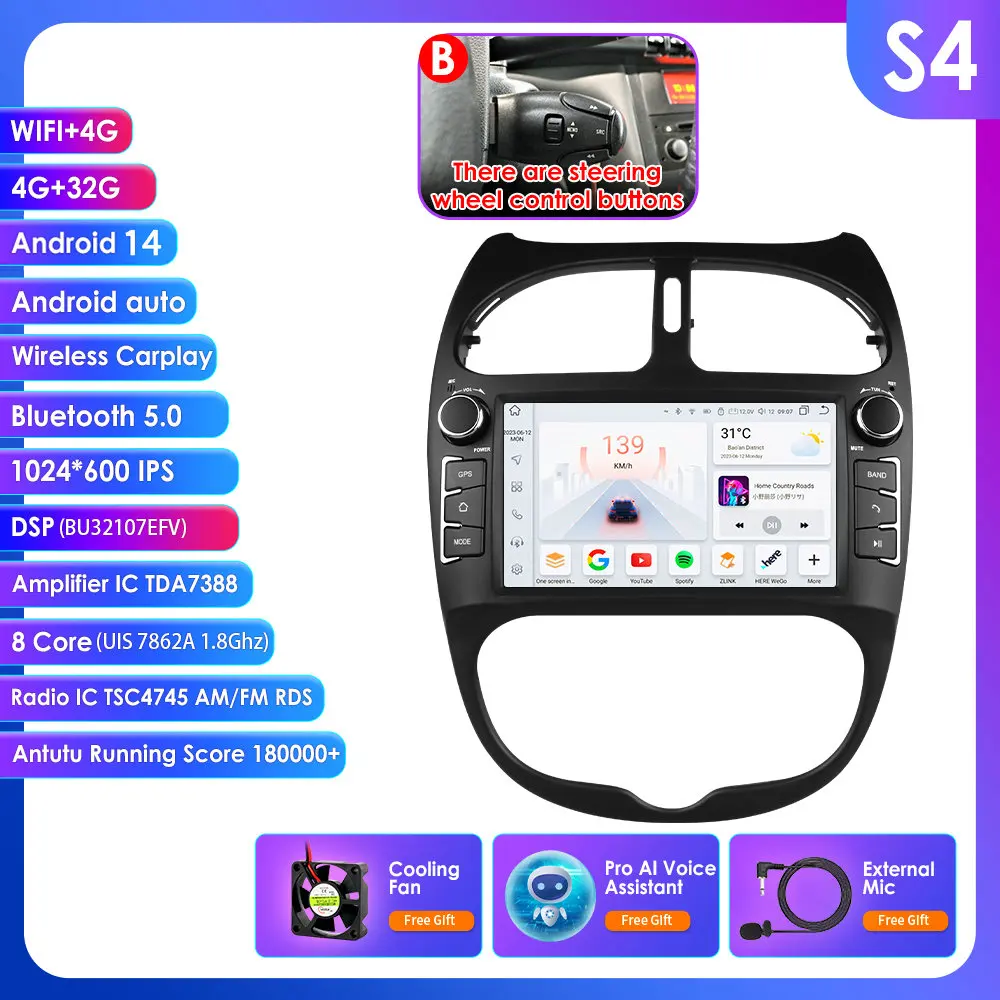 Voor Peugeot 206 2001-2008 Autoradio Multimedia Video Player Navigatie GPS 4G Carplay Android 14 AutoRadio stereo 7 ''Hoofd Unit