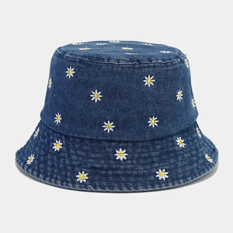 2023 Four Seasons Denim Flower Embroidery Bucket Hat Fisherman Hat Outdoor Travel Sun Cap for Men and Women 181