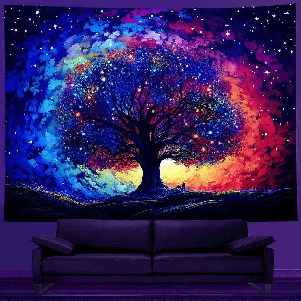 Neon Art Creative Forest Planet Blacklight Tapestry,Wall Hanging Glow Under Ultraviolet Light For Dorm,Living Room Party Décor