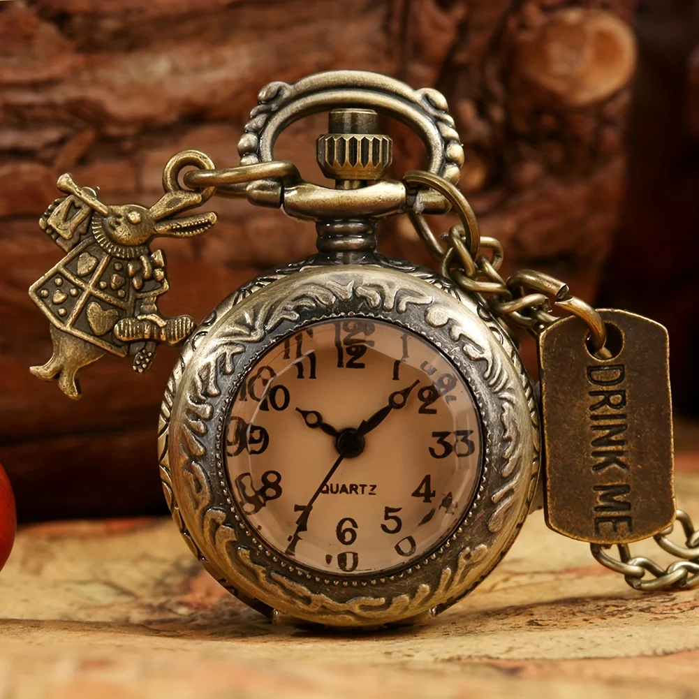 ساعة جيب كوارتز بأرنب لطيف للرجال والنساء ، برونز عتيق ، قلادة تناظرية ، سلسلة ، هدية قلادة ملابس