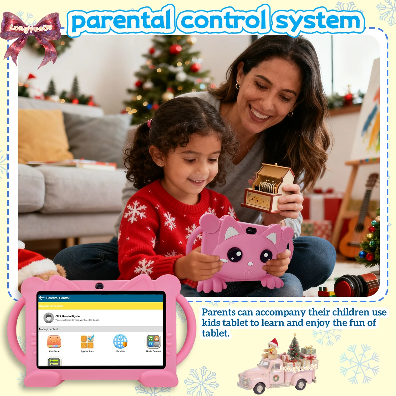 Tablet Android educacional de 7 polegadas, 2 GB + 32 GB, câmeras duplas, tela HD, software iWAWA, controle parental, capa de silicone, azul/rosa