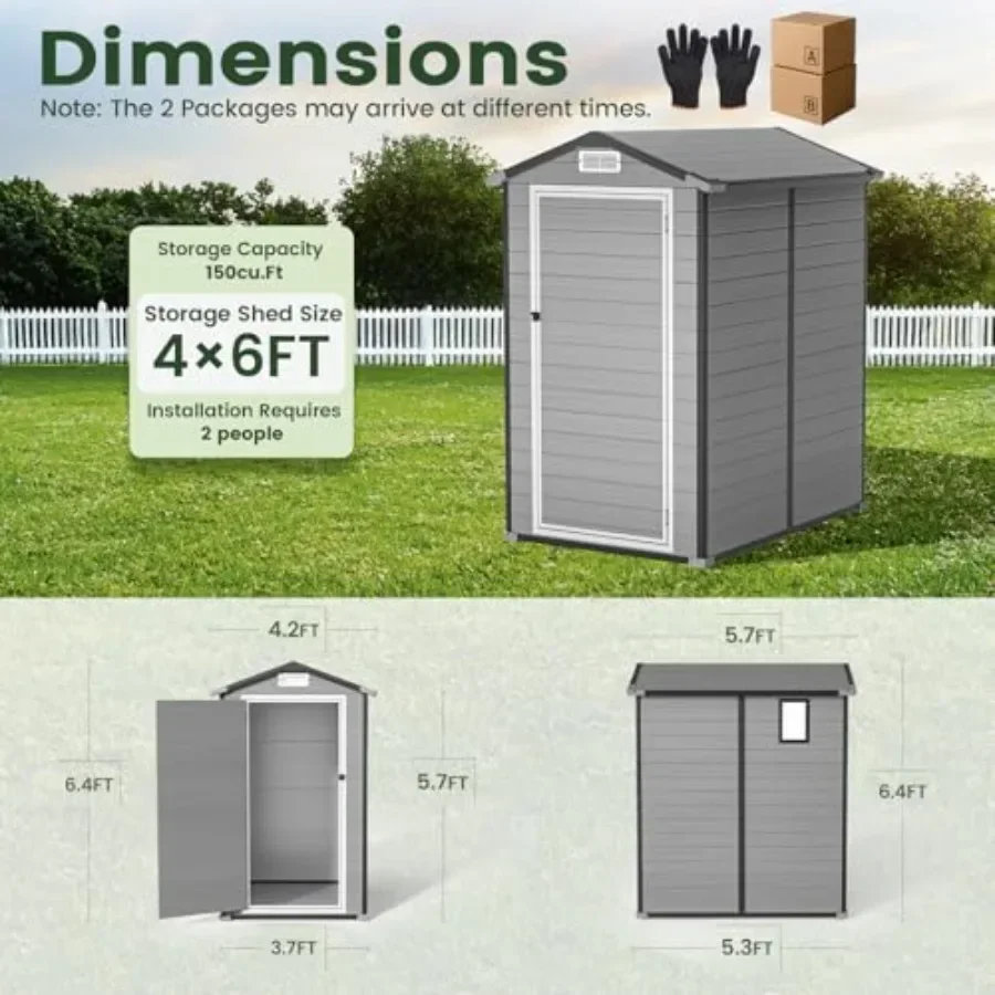 Outdoor storage shed for backyard use, resin plastic material, gray color, weather-resistant and includes floor