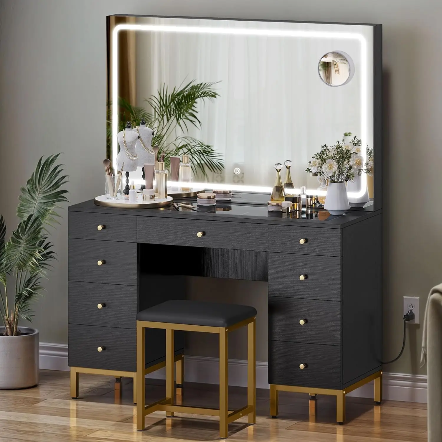 Large Black Makeup Vanity Desk Set with LED Mirror & Charger Station, Glass Top Vanity and Adjustable 3 Color Lighting Modes