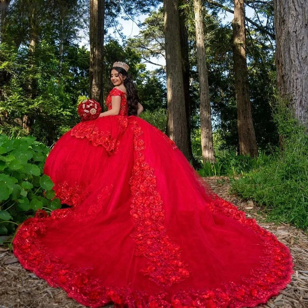 

Lorencia Elegant Red Quinceanera Dress Ball Gown Off Shoulder Lace Appliques Beading Ruffles Sweet 16 Vestidos XV Años YQD447