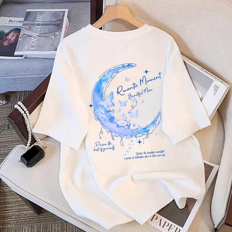 Camiseta con estampado de Luna Azul para mujer, camiseta de manga corta de algodón 100% de alta calidad, Tops Y2k, ropa elegante para mujer 2025