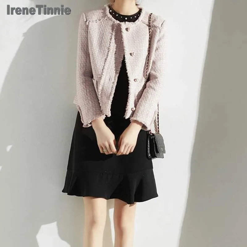 IRENE TINNIE Autumn Fashion Womens Long Sleeve Solid Jackets Single-Breasted Elegant Short Coats Women Frayed Cropped Woman