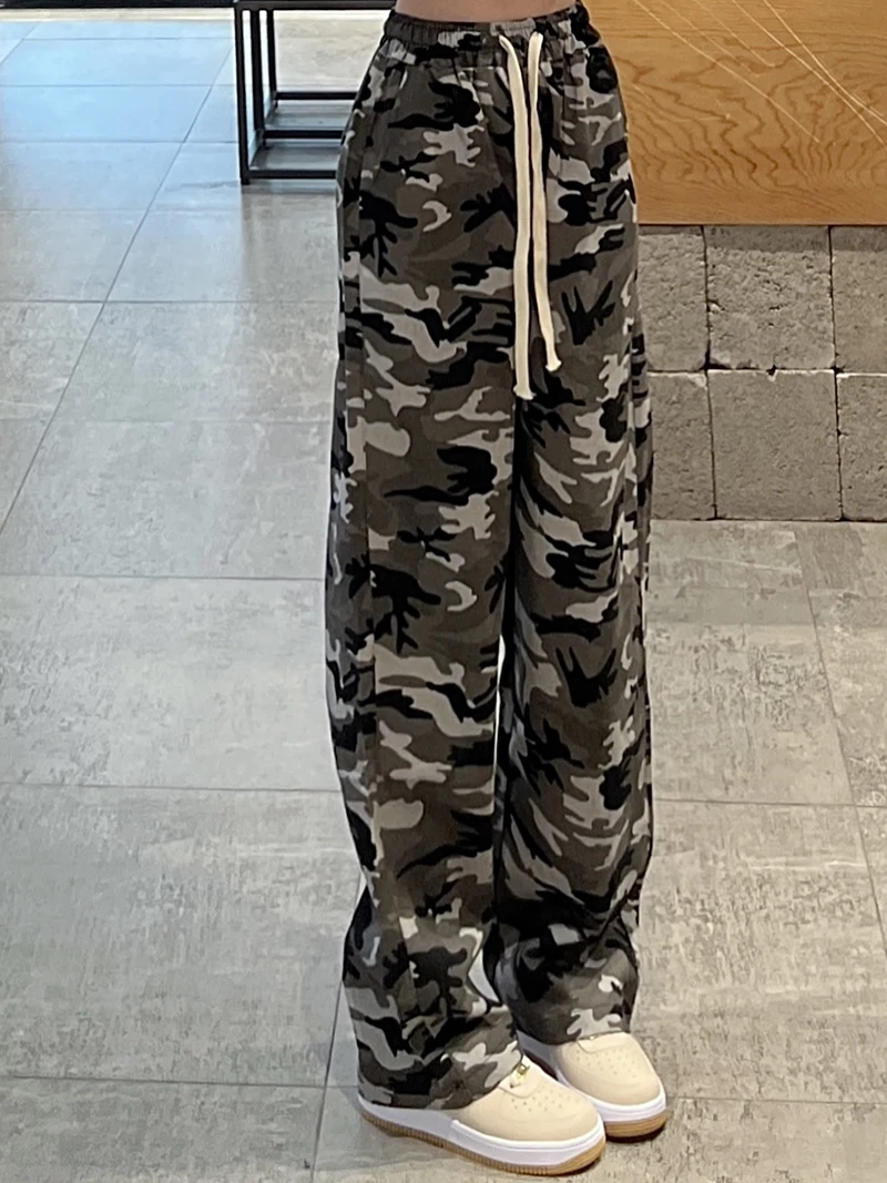 American Camouflage Work Pants Women Spring Autumn Loose Straight Casual Trousers High Waist Wide Leg Cotton Street Style