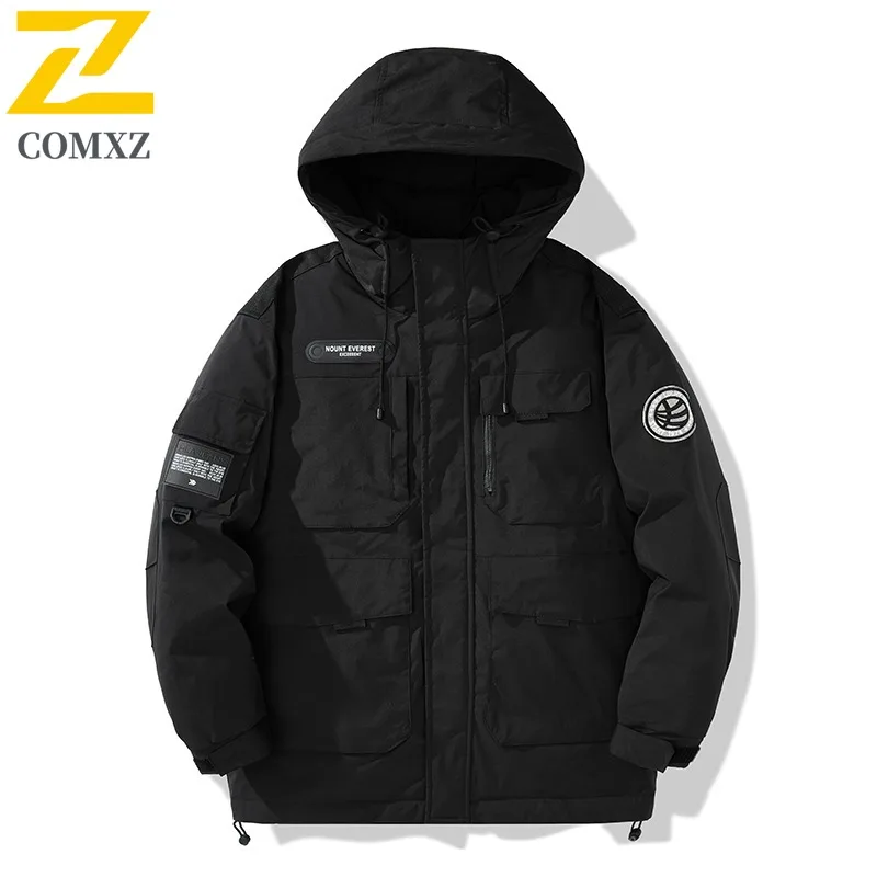 COMXZ Classic Hooded Luxury Men Down Coat Outdoor Camping Cold Protection Jacket Pure Color Design Trekking Warm Winter Coat
