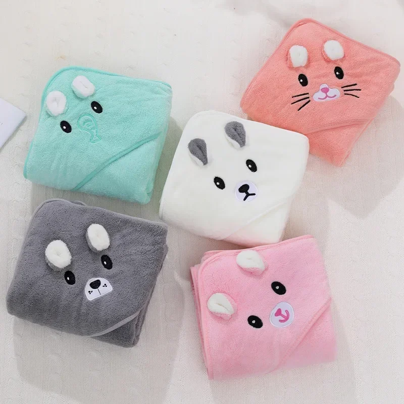 80*80cm Cute Cartoon Animal Kids Hooded Bath Towel Super Soft Coral Velvet Newborn Bathrobe Absorbent Quick Dry Wrap Blanket