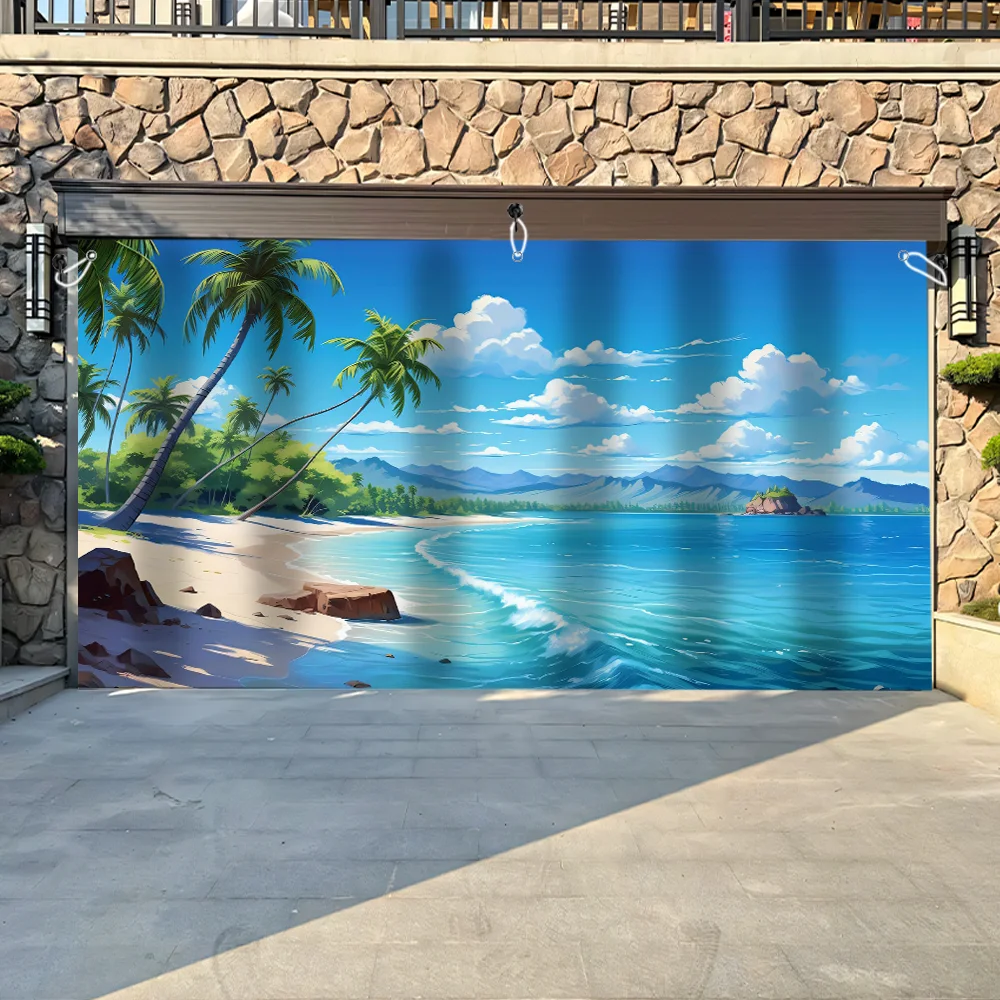 

Tropic Beach Garage Door Banner, Blue Ocean Banner Garage Door Decor, 157x68 inches Polyester Fadeless Machine Washable Multipur