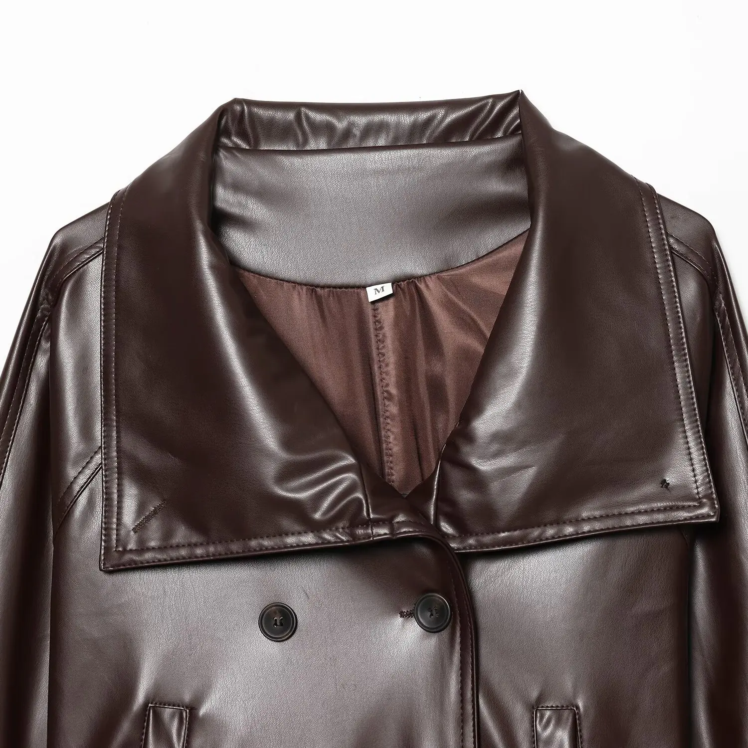 JNLEAOG 秋の新作レディースファイオンダブルブレストコート、クロージャーベルト装飾付きフェイクレザーターンダウンカラー