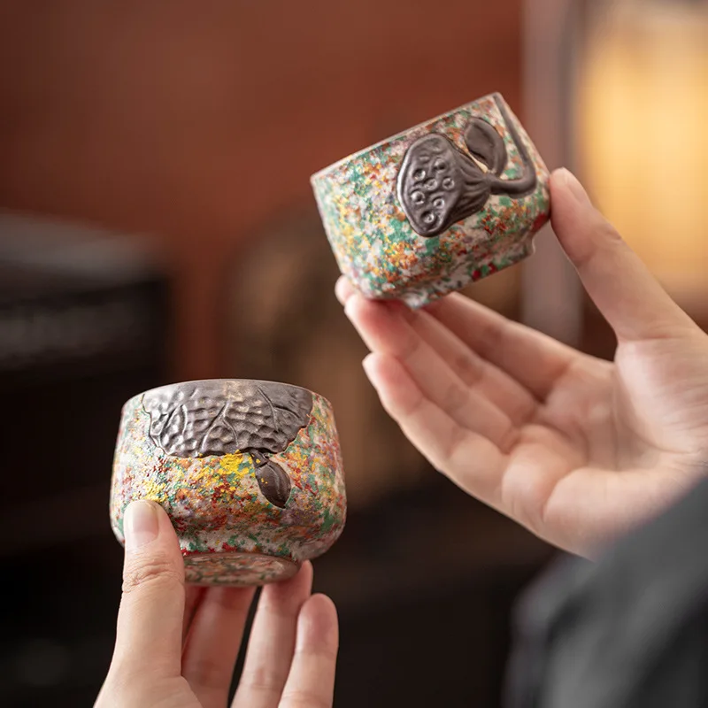 구차오 신형 록 페인팅 연꽃 컵 레트로 세라믹 마스터 티컵 가정용 개인 음용 세트 중국 차 예식 도구