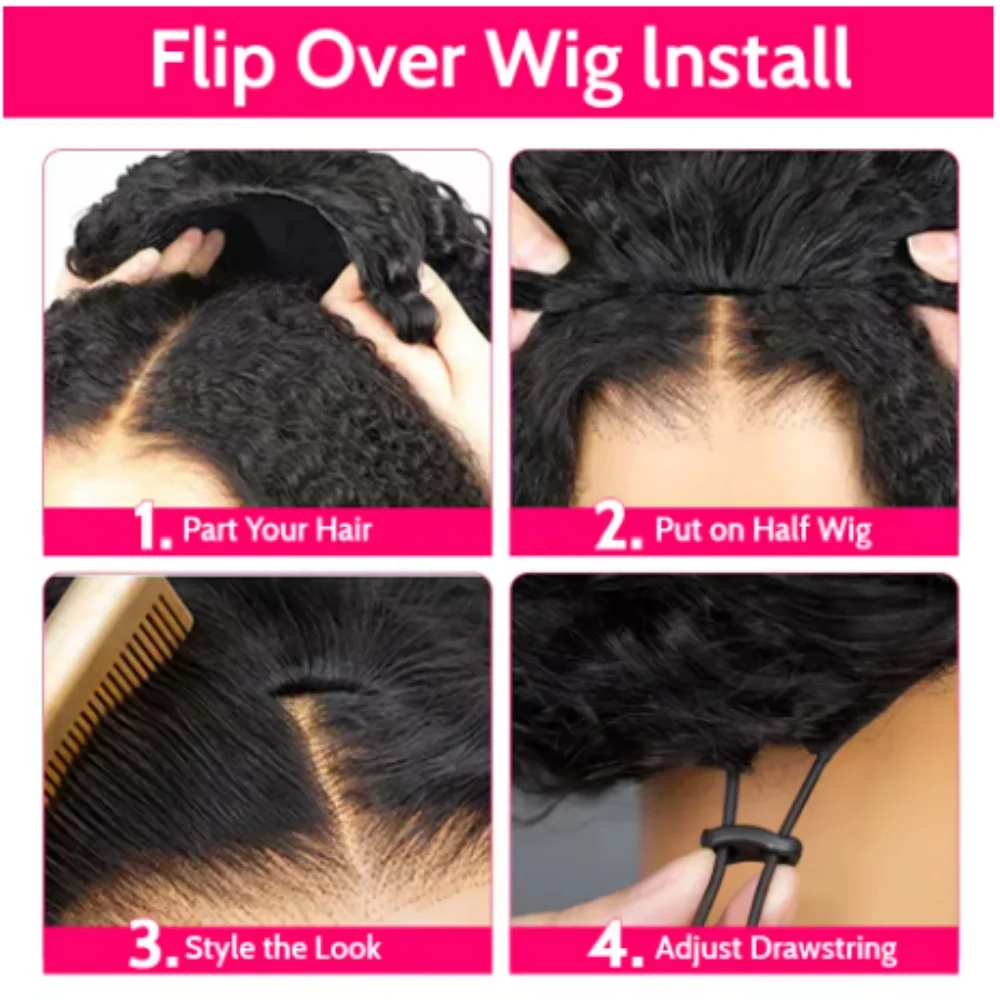 With Drawstring Seamless Clip Ins Flip Over Wig Upgrade 3 IN 1 Half Wig 200% Density Curly Half Wigs for Women Hair for summer image 2