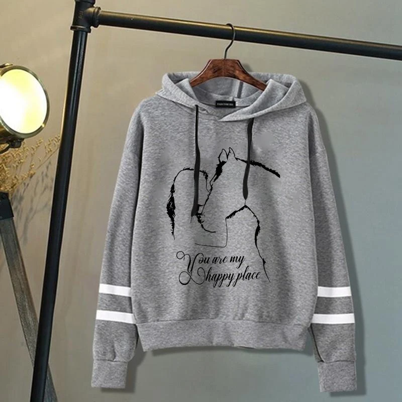 Horse And Girl You Are My Happy Place Printing Hoodie Pullovers Tops Autumn and winter stripes Long Sleeve Sweatshirt