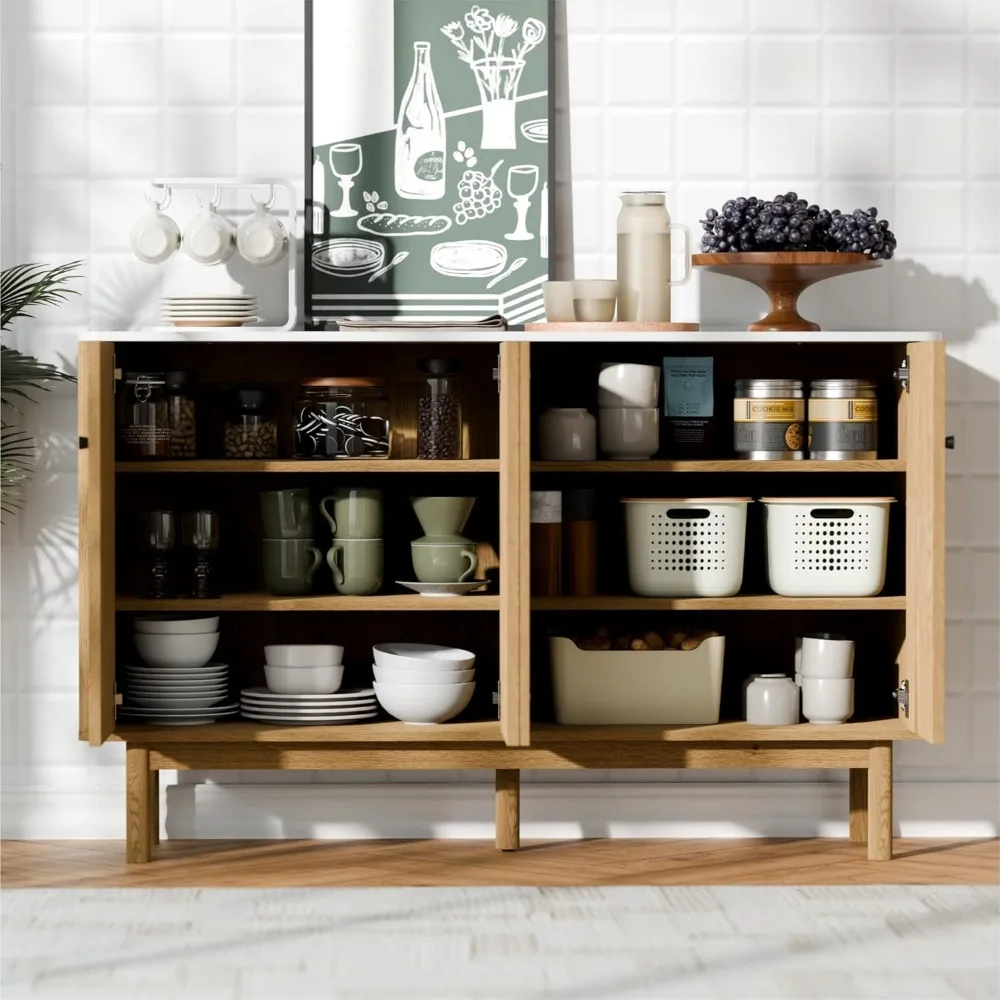 خزانة بوفيه حديثة مخددة مع مساحة تخزين، وخزانة جانبية ذات 4 أبواب، وأرفف قابلة للتعديل، ووحدة تحكم بار القهوة لليفي المعاصر