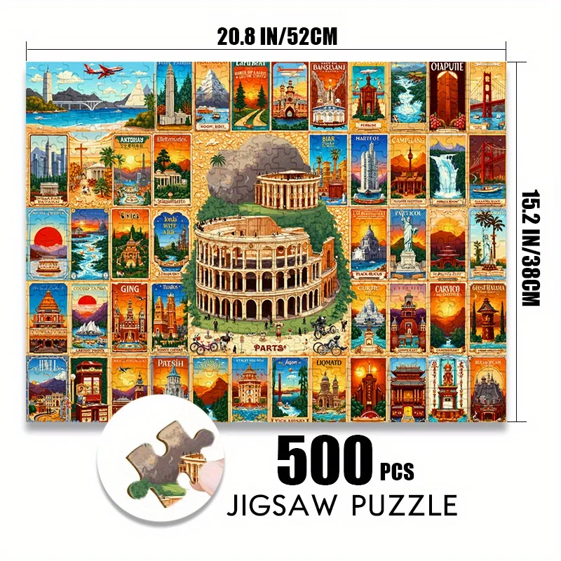 500/1000ピース ペーパージグソーパズル ヴィンテージ世界ランドマークマップ 大型パズルおもちゃ 大人向けゲーム ギフト 家族向けインタラクティブゲーム パズルDI