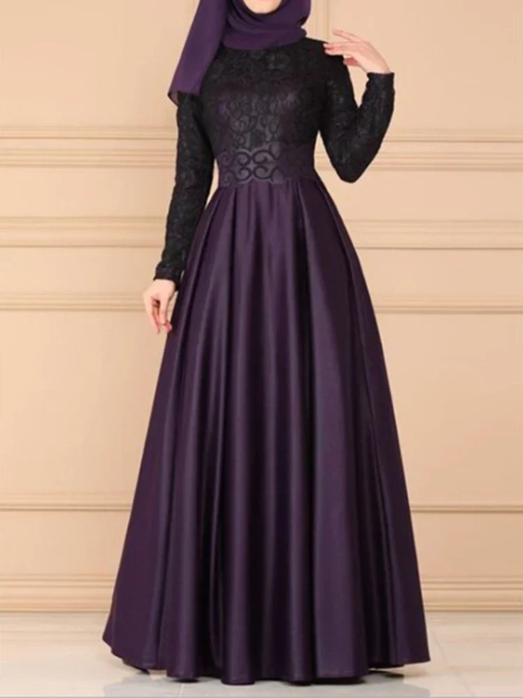 Islamitische islamitische islamitische damesjurken Traditionele bloemenpatroon Lange mouw Ronde hals Maxi Party Arabische jurk