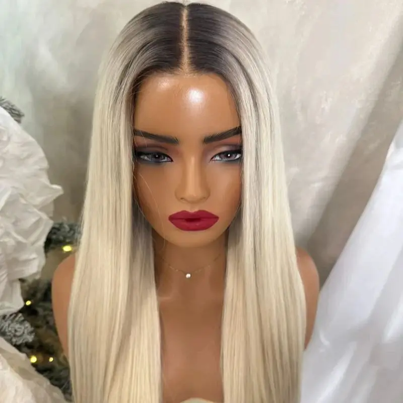 13x4 Ombre Light Golden Blonde Balayage Highlights HD Lace Front Wig with Roots 32 Inch Super Long Straight Wig Human Hair Like