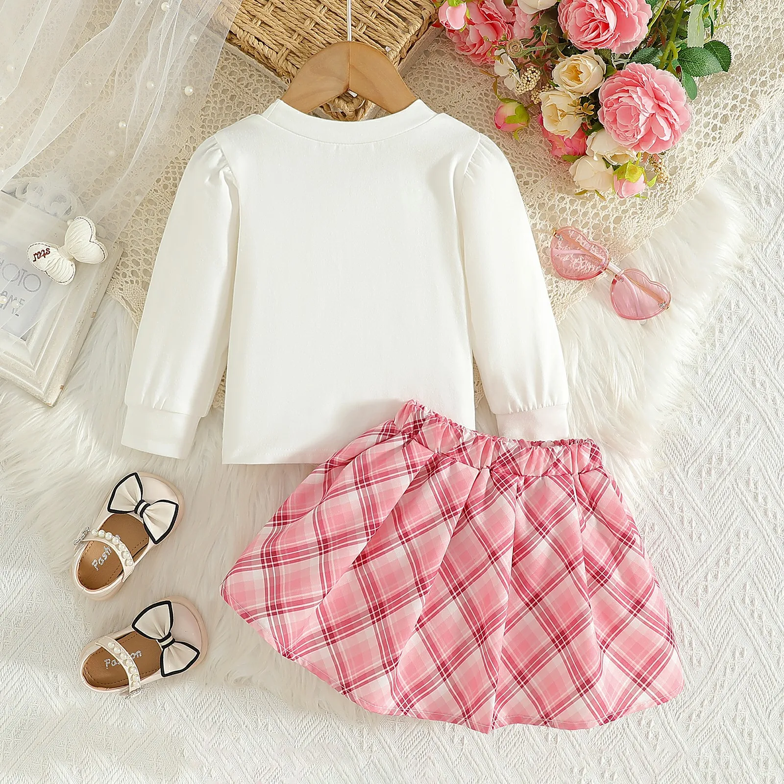 Baby Girl Clothes Set Bow Tie Long Sleeved Shirt Top and Pink Checkered Short Skirt Toddlers Infant Fashion Outfits 0-3Y