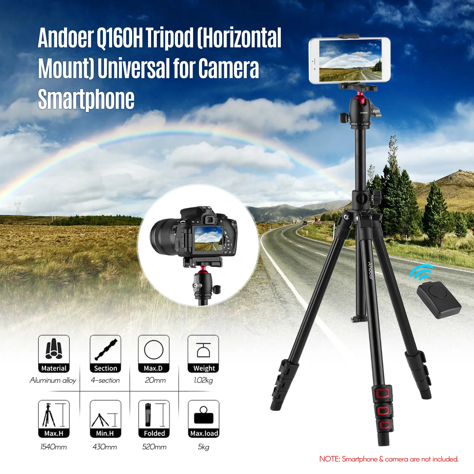 Andoer Q160H Camera Tripod Horizontal Mount Travel Tripod with 360° Panoramic Ball Head for DSLR ILDC Cameras DVs Smartphones