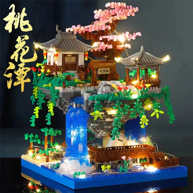 2705PCS Ancient Architecture Peach Blossom Pond Castle With Light Building Blocks Set Assembly Diamond Brick Toys Children Gifts