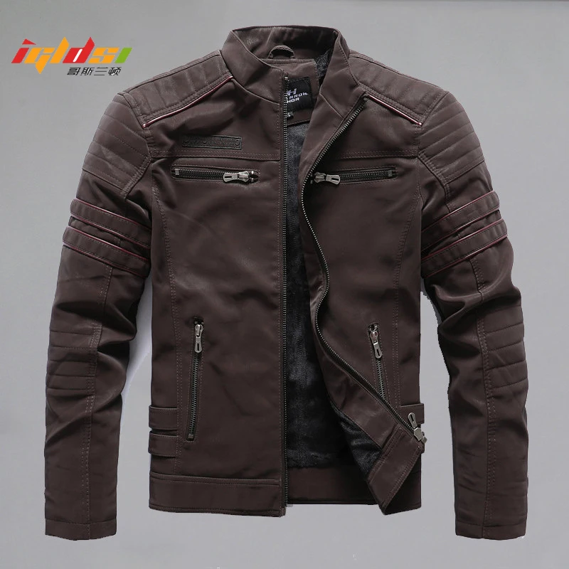 

Winter Thick Motorcycle PU Leather Jacket Men Vintage Fleece Warm Multi-pocket Leather Coat Male Zipper Autumn Outwear Jackets