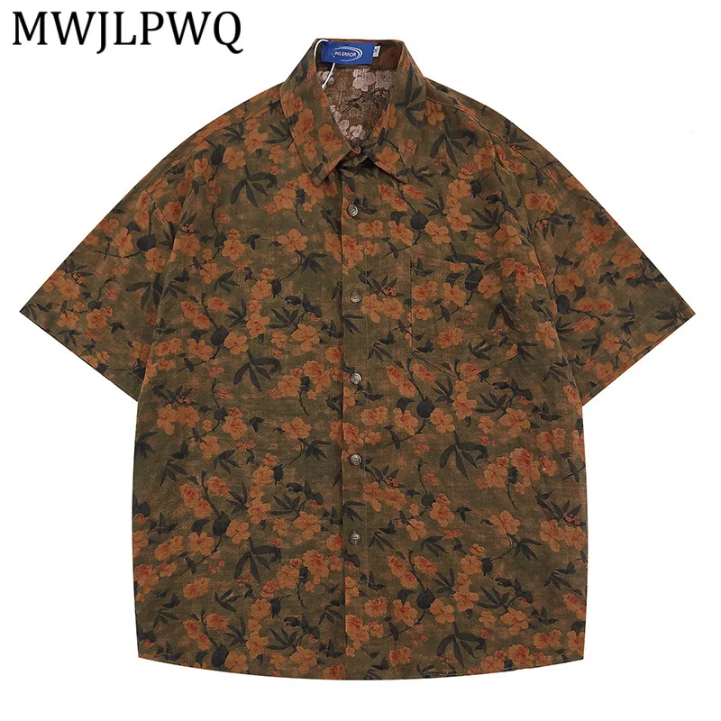 

MWJLPWQ Short-Sleeve Vintage Floral Retro Jacquard Men's Summer Loose Shirt Street Style Lapel Casual Tops For Teenagers 16176