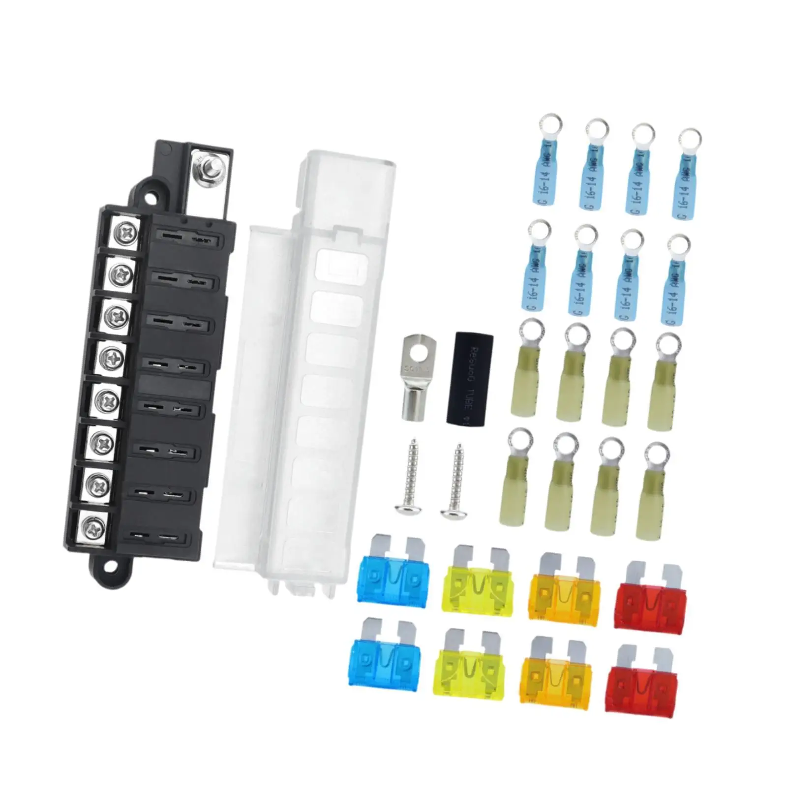 

8 Way Fuse Box Heat Shrink Connector with Transparent Cover Blade Fuses Blade Fuse Block Holder for Yacht Automobiles