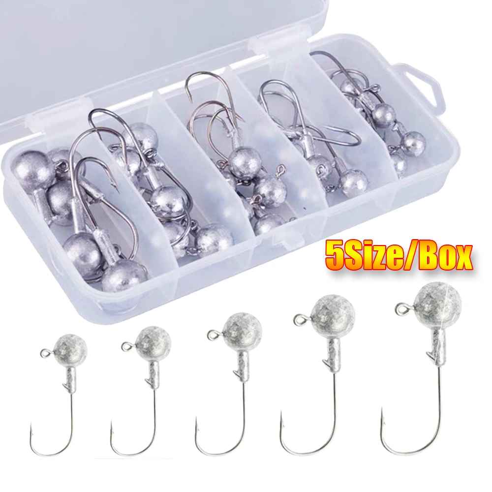 

​ ​ Круглые свинцовые джиг-головы с коробкой - острые рыболовные мягкие крючки для приманки для окуня, форели, краппи, судака, пресной воды, соленой воды, 5 размеров
