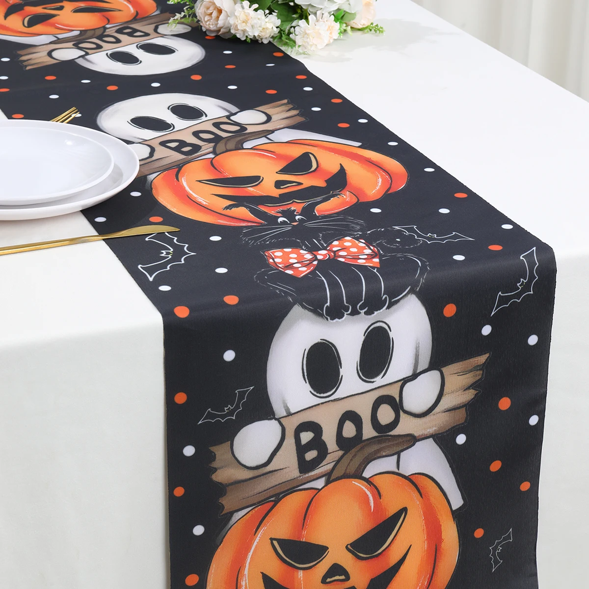 Halloween party table runner, decoração morcego abóbora, tampa da tabela do crânio, fontes do partido do aniversário, decoração do partido das crianças