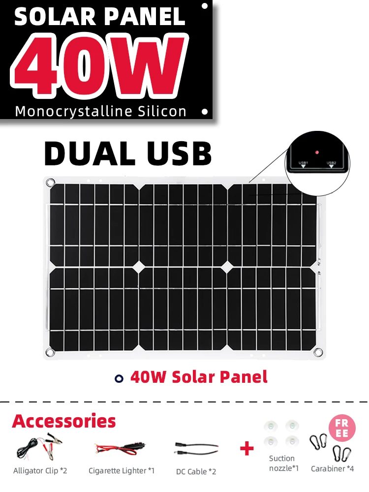 

40W Solar Panel 12V Output Voltage Monocrystalline Solar Panel Suitable For outdoor Camping RV Mobile Phone Computer Charging