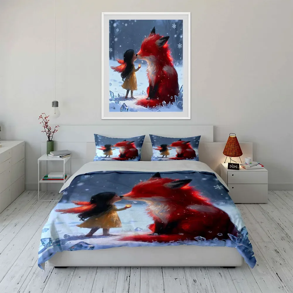 3Pcs Magical Winter Bedding Set, Little Girl Kissing Red Fox in Snow Print Duvet Cover + 2 Pillowcases, Fantasy Kids Decor