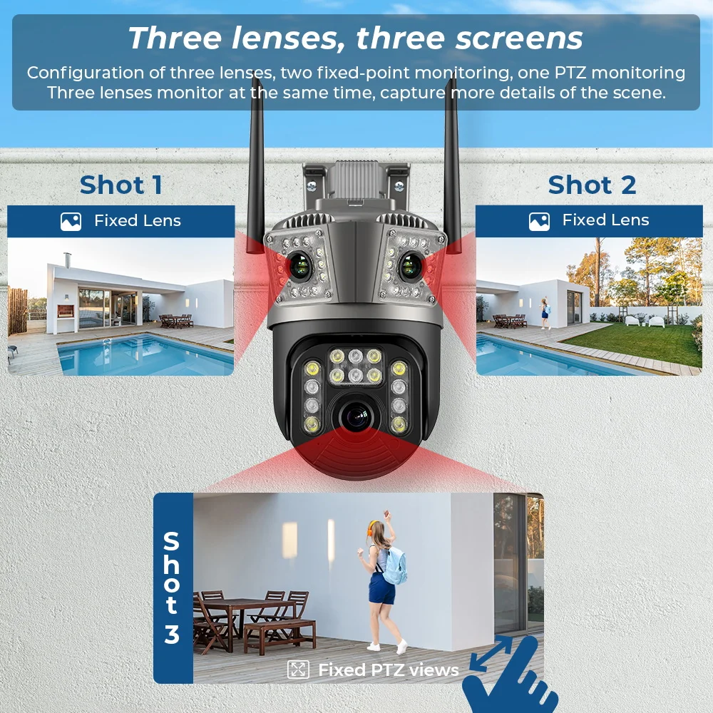 PTZ 와이파이 카메라, 3 렌즈, 3 스크린, 10X 디지털 줌, AI 자동 추적 비디오 보안 카메라, 6MP 야외 IP 카메라, IPC360, 9MP