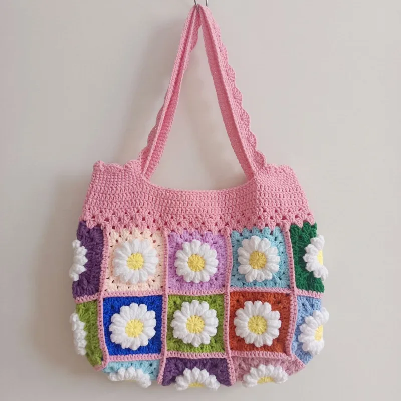 Crochet Daisy Flower Granny Square Shoulder Tote Bag Women Boho Chic Hippie Handbags Knitted Handmade Summer Beach Bag