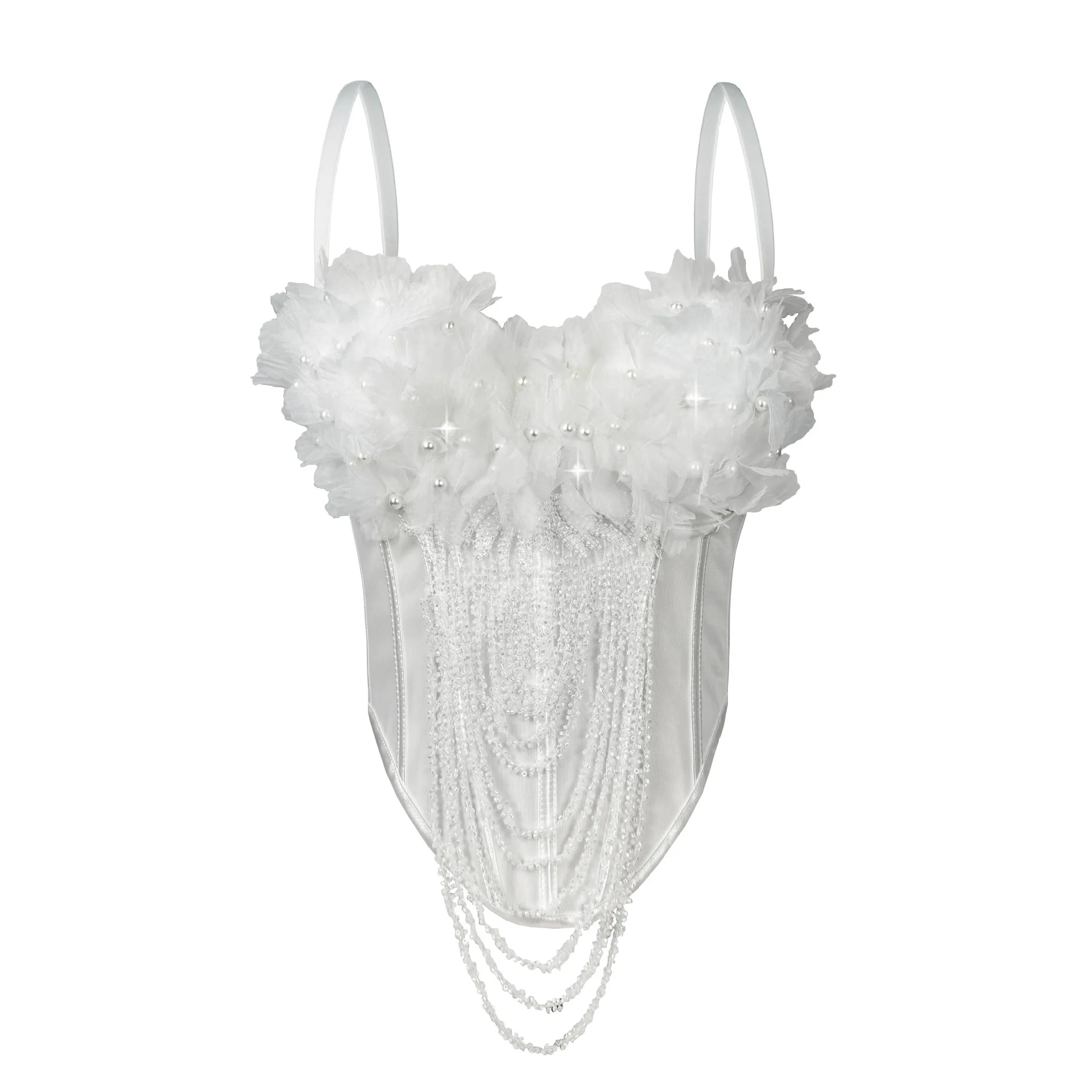 手作りフラワータッセルストラップベストセクシーバルクロップトップフィボネブラクロスボーダーニュースレニットウェアサマー2025