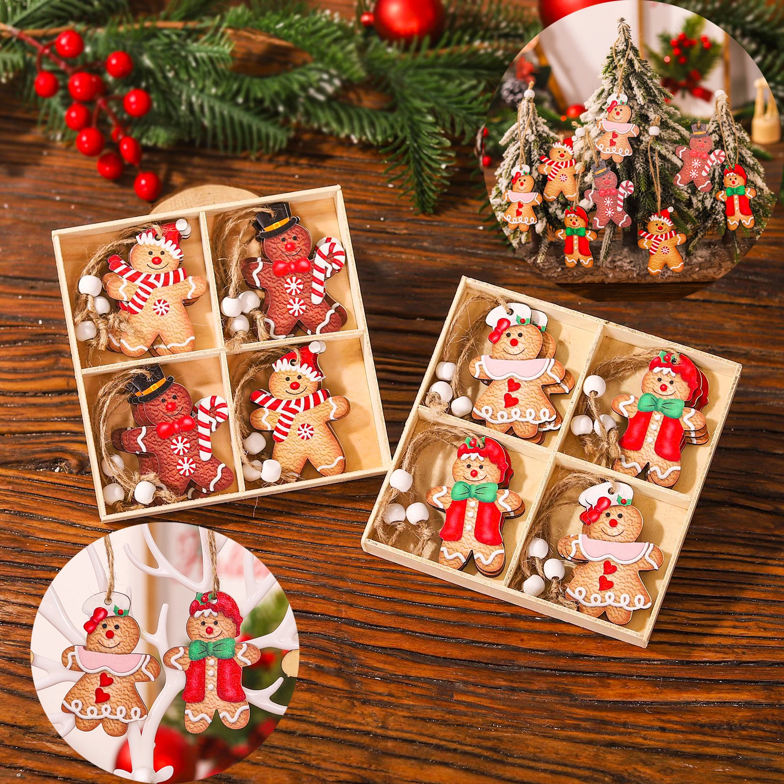 12pcs Christmas Decorations Cartoon Four Grid Wooden Gingerbread Man Doll Ornaments Xmas Tree Hanging Pendant New Year Gift 2025