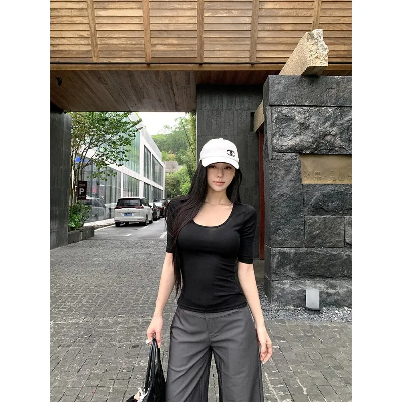 Slim Fit Short Sleeve T-Shirt Women's Low Neck Exposing Belly Button mid Sleeve Top Pure Desirable Spicy Girl Style Bodycon