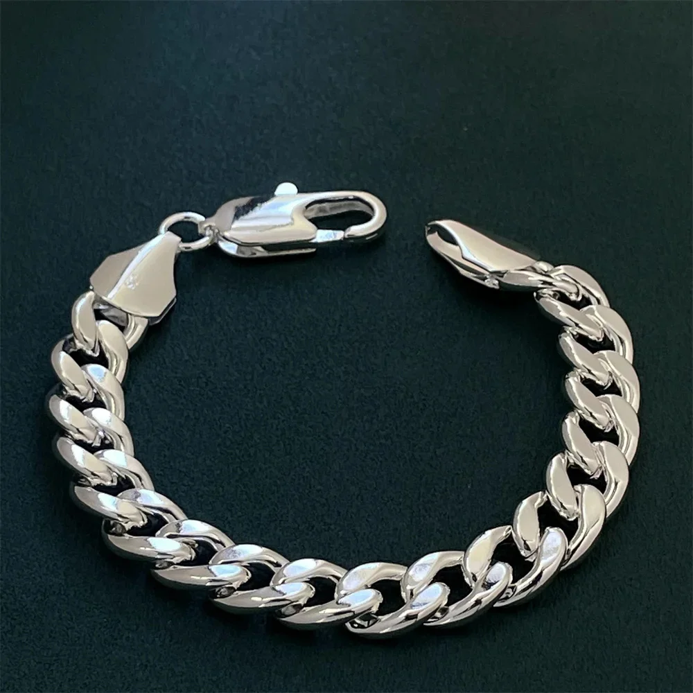 Bracelet en argent regardé 925 pour homme, chaîne cubaine latérale, bijoux de fiançailles, cadeau, 10mm, pouces