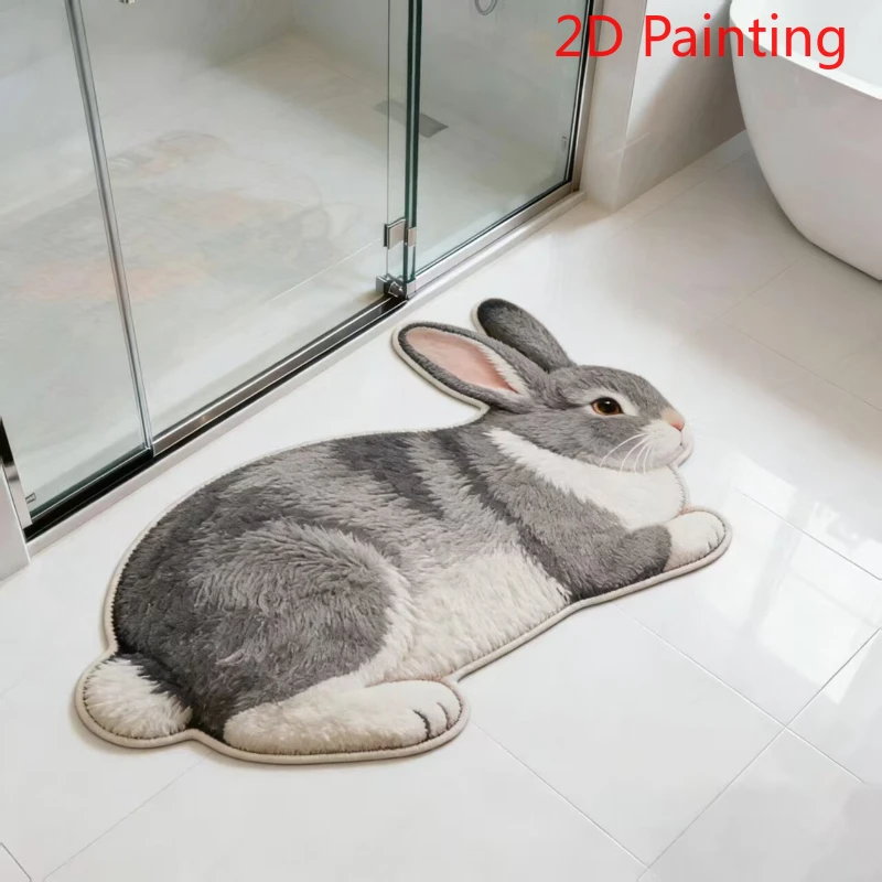 VIKAMA Irregular Bunny Floor Mat Lifelike Grey Rabbit 2D Painting Pattern Soft Fluffy Non Slip Washable Cute Animal Entry Shower