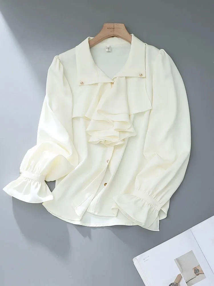 Eleganckie koszule damskie na jesień, szykowne bluzki z guzikami, falbankami, rozkloszowanymi rękawami, luźne, modne, morelowe, codzienne, do biura, delikatne topy.