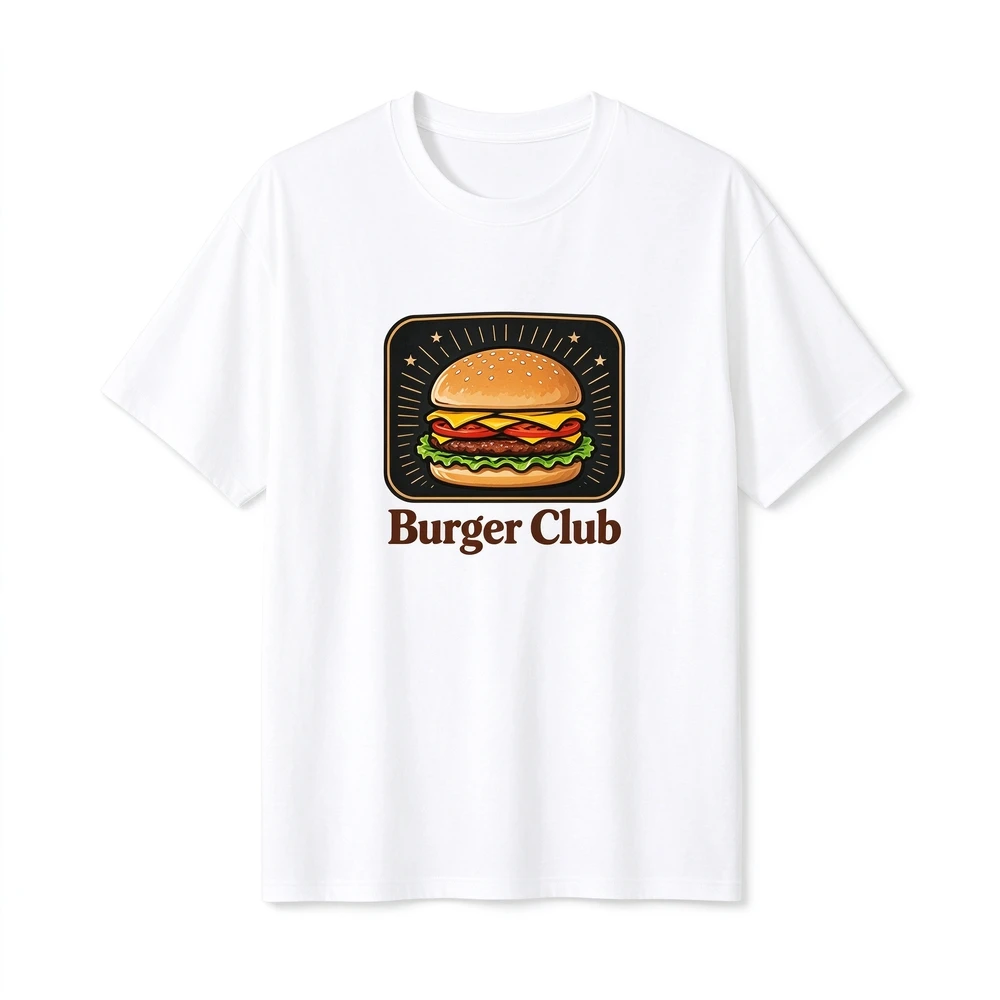 Unisex Retro Graphic T-shirt, Burger Club Print Casual Tee, Fast Food Cartoon Short Sleeve Top