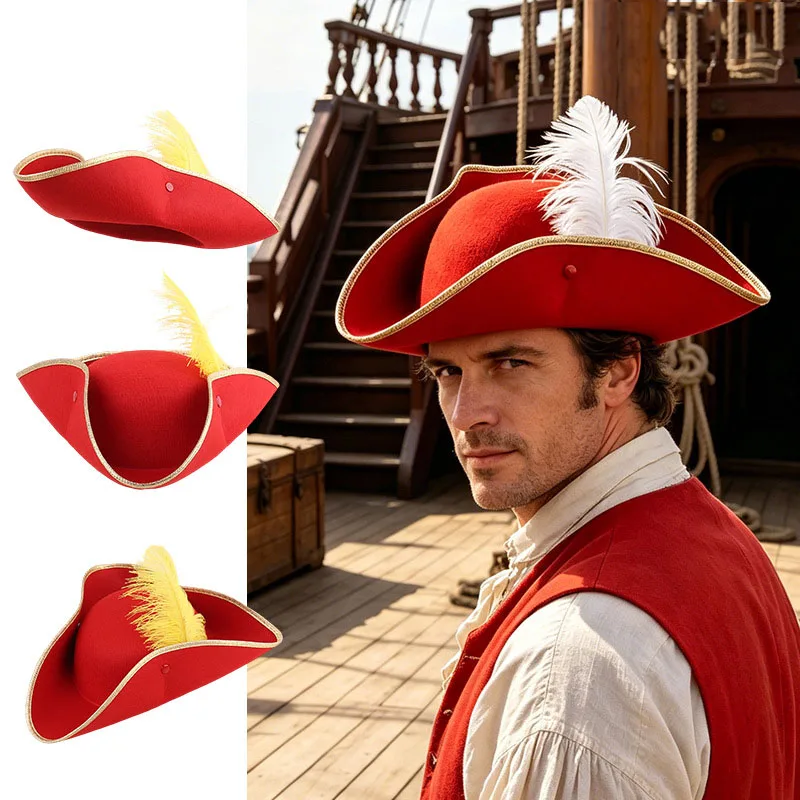 Trendy Solid Color Cosplay Pirate Hat Jack Hat Stage Performance Feathers Top Hat Decoration Party Captain Hat Costume Accessory