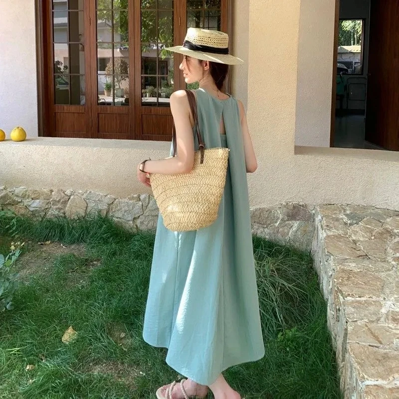 Green Sleeveless Pleated Women's Dresses Office Lady Pure Color O-neck Elegant Female Tank Dress Summer Casual Dress