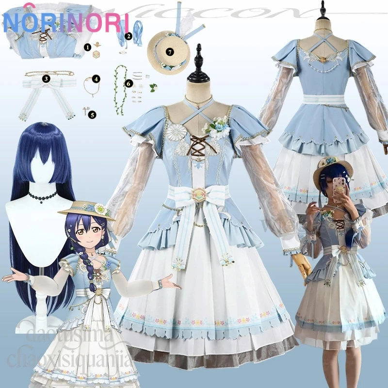 

Sonoda Umi Idyllic Natural Styles Costume Blue White Dress Hat Kawaii Lolita Long Wigs Halloween Christmas Cosplay Game Lovelive